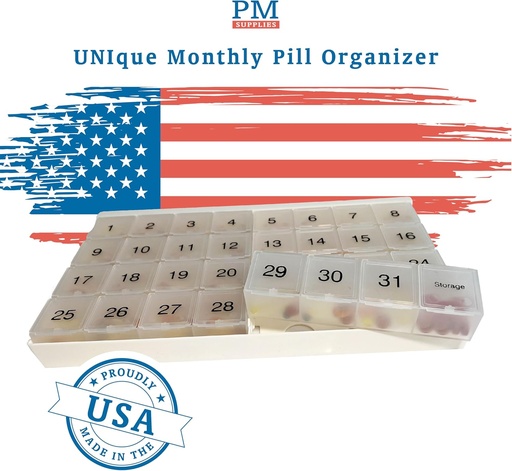 [BRSROFAPDMNRSG3L] Unique XL Monthly Pill Organizer with 31 compartments, 1 per Day, 4 Week Full Month 31 Day Pill Organizer, Includes Tray and 8 Extra Large Removable compartments