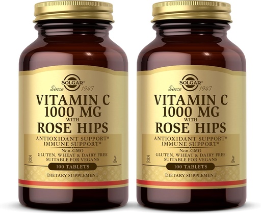 [BRSWIFD5OJ7QO3TC] Solgar Vitamin C 1000 mg with Rose HIPS - 100 Tablets, Pack of 2 - Antioxidant & Immune Support - Non-GMO, Vegan, Gluten Free, Dairy Free, Kosher - 200 Total Servings
