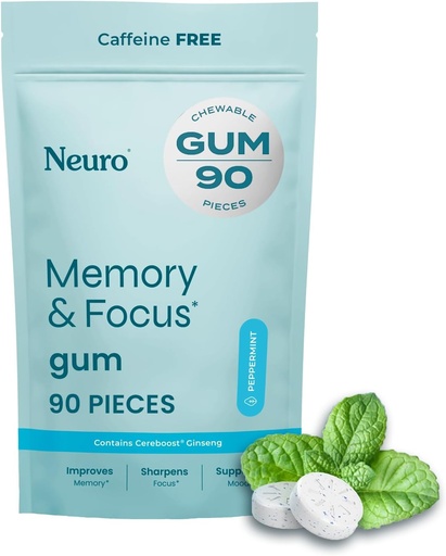 [BRSRAGQBAEAQ4ELL] Neuro Memory & Focus Gum (90 piezas) - Dicaf &amp; Sugar Gratis con Ginseng americano, L theanine, Vitamina B12 &amp; Vitamina B6 para alerta mental - Suplementos cerebrales para memoria y foco - Peppermint Flavor