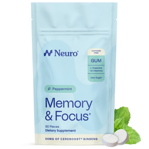 [BRSRAGQBAEAQ4ELL] Neuro Memory & Focus Gum - Nootropic Gum with Vitamin B12, Vitamin B6, L-Theanine & Ginseng Extract - Natural Brain Support Supplement - Vegan, Caffeine & Sugar Free Chews - Peppermint, 90 ct