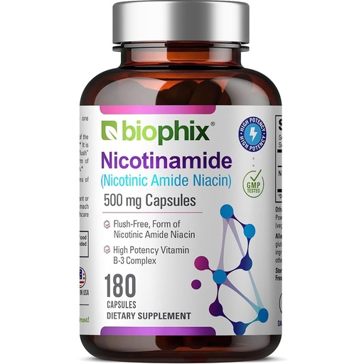 [BRSWICQGOMDGI23A] biophix B-3 Nicotinamide 500 mg 180 Caps - Nicotinic Amide Niacin Natural Flush-Free Vitamin Formula - Supports Skin Cell Health