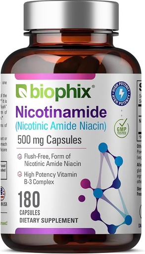 [BRSWICQGOMDGI23A] biophix B-3 Nicotinamide 500 mg 180 Caps - Nicotinic Amide Niacin Natural Flush-Free Vitamin Formula - Supports Skin Cell Health