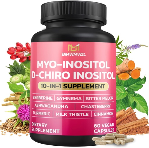 [BRSRAAA7C4JR4EI3] BMVINVOL Inositol Dodatek - Myo- Inositol a D-Chiro Inositol Ideal 40: 1 Poměr - Plus Berberine, Skořice, Ashwagandha + 5 Více - 60 Kapsle