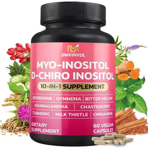 [BRSRAAA7C4JR4EI3] BMVINVOL Inositol Supplement - Myo-Inositol and D-Chiro Inositol Ideal 40:1 Ratio - Plus Berberine, Cinnamon, Ashwagandha + 5 More - 60 Capsules