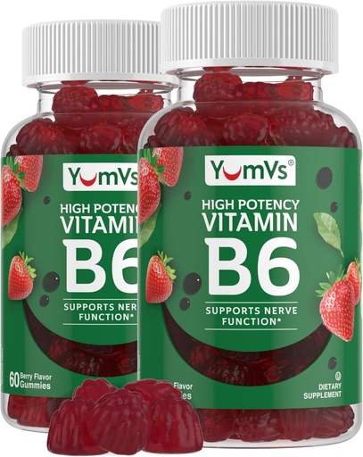 [BRSW2HAHC5YGAF3U] YUM-V'S Vitamin B6 Gummies - High Potency Vitamin B6 100mg - Strawberry Flavor B6 Vitamins Gummies - Nerve & Immune Function, Non GMO Kosher, 60 Count - 2 Pack