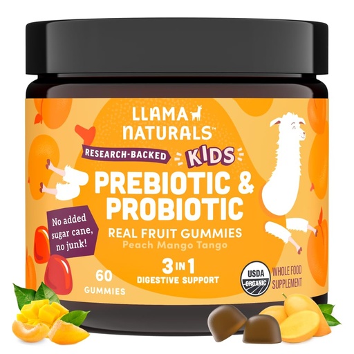 [BRSWYYY5C4DRAG3G] Llama Naturals Kids Probiotic with Prebiotic Fiber, Vegan, Organic Prebiotics and Probiotics Gummies for Gut Health Support, Toddler Real Fruit Gummy Vitamins, No Added Sugar Cane, Peach Mango, 60 Ct