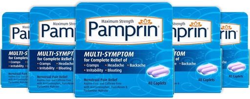 [BRSWKGYIBJ5AKDQ7] Pamprin Multi-Symptom Formula, with Acetaminophen, Menstrual Period Symptoms Relief including Cramps, Pain, Irritability and Bloating, 40 Caplets (Pack of 5)