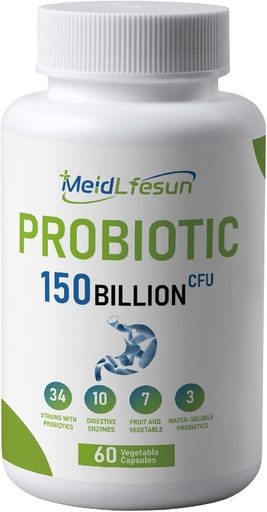 [BRSRA2YLBFYBG2QY] Organic Probiotic and Prebiotics,150 Billion CFU 34 Strains, Digestive Enzymes,for Men and Women, 60 Vegan Capsules for Gut Health & Digestive Support, Non-GMO, Gluten Free