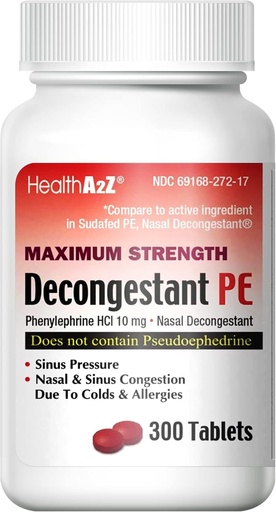 [BRSW2ZAKCICBOCT3] HealthA2Z® Decongestant PE | Phenylephrine HCl 10 mg | Nasal & Sinus Congestion Relief Due to Cold & Allergies (300 Count (Pack of 1))