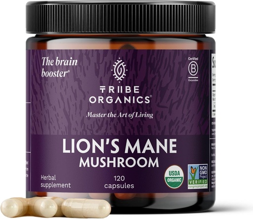 [BRSWYGT3BENQOCLF] TRIBE ORGANICS Lion’s Mane Supplement 1000mg Mushroom Extract Powder - Immune System Booster & Brain Nootropic for Focus and Memory | Mental Clarity | Natural Energy and Immunity - 120 Vegan Capsules