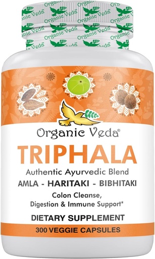[BRSROAL7BANAIFDK] Organic Veda Triphala Powder 300 Capsules, 1000mg - Organic Triphala Supplement for Colon Cleanse, Immune, Gut & Digestion Health - Whole Green Antioxidants Amla, Haritaki & Bibhitaki - Vegan Pills