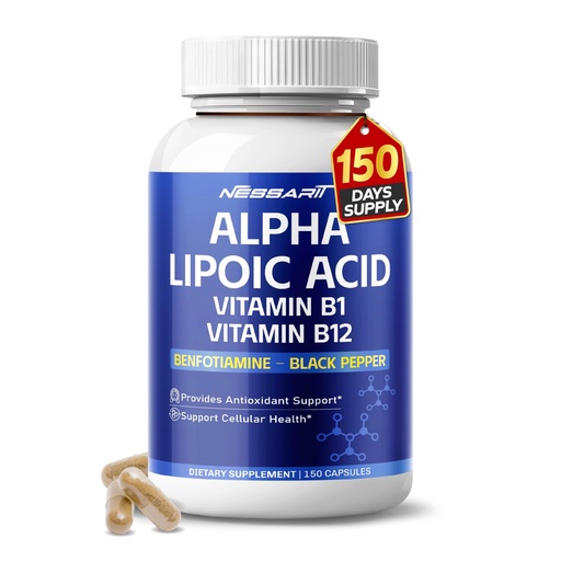[BRSRAGAPOUFQOCLK] Alpha Lipoic Acid High Potency with Vitamin B1, Vitamin B12, Benfotiamine, Ubiquinol, Black Pepper - Support Cellular Health - 150 Count