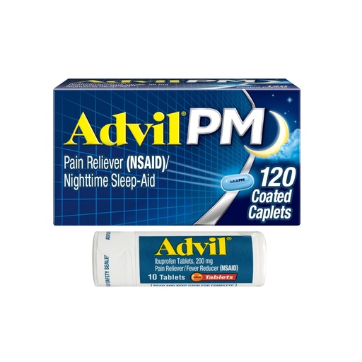 [BRSROGIPBB6AEDYY] Advil PM Pain Reliever and Nighttime Sleep Aid, Ibuprofen for Pain Relief and Diphenhydramine Citrate for a Sleep Aid - 120 Coated Caplets and Pain Reliever and Fever Reducer, 10 Count Tablets