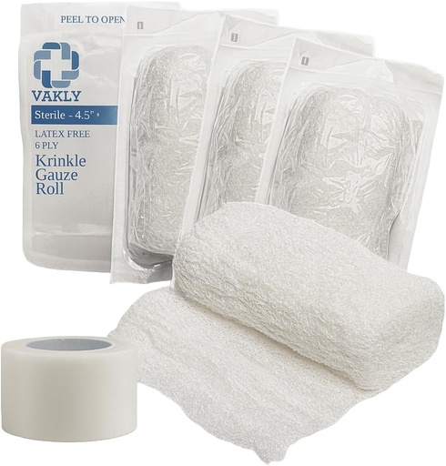 [BRSW2YAZAB4GGC3L] Vakly Sterile Krinkle Kerlix Type Gauze Bandage Rolls [5 Pack] 고 흡수성 Fluff 100 % 코튼 붕대 롤 4.5 "x4.1yds 6-Ply - 개별적으로 포장 메쉬 Gauzes + 의료 테이프 - 포장 할 수있다 Vary