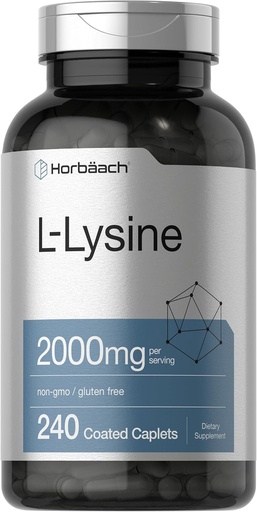 [BRSROCAPOUIRGHIU] Horbäach L-Lysine | 2000mg | 240 Caplets | Vegetarian, Non-GMO, and Gluten Free Supplement