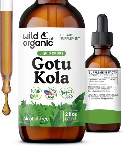 [BRSROY37PJYBMCDK] Wild & Organic Gotu Kola Herb Tincture - Brain Support - Gotu Kola Liquid Extract Drops - Vegan, Cukr & Alcohol- Free Centella Asiatica Dodatek - 2 fl oz