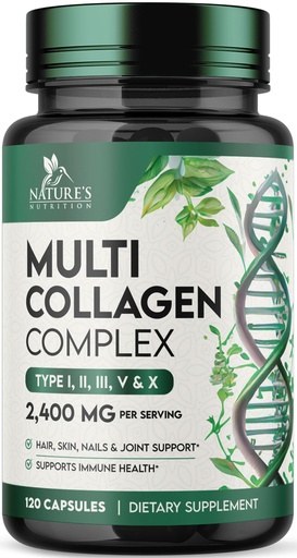 [BRSRAFIDOJYQ4FLX] Multi Collagen Complex 2400mg Per Serving - Advanced Formula Types I, II, III, V, X - Hydrolyzed Collagen Pills - Collagen Peptides Supplement for Women & Men - Hair Skin & Nail Support - 120 Capsules