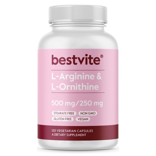 [BRSWIZIOO55GGHLM] BESTVITE L-Arginine L-Ornithine 500-250 (120 Vegetarian Capsules) - No Stearates - No Fillers - Vegan - Non GMO - Gluten Free - No Calcium Silicate