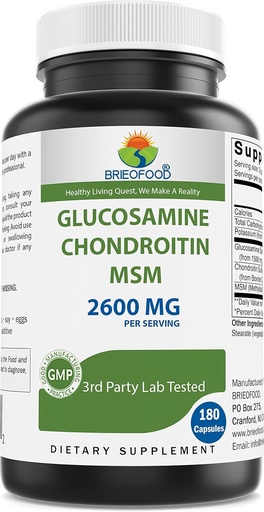 [BRSROZQKOQBQYDY7] Brieofood Triple Strength Glucosamine Chondroïtine MSM 2600mg/Serveur Capsules, Soutiens Hygiène articulaire, Cartilage et Tissu Connectif - Favorise Confort et Flexibilité articulaire 180 Compte