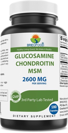 [BRSROZQKOQBQYDY7] Brieofood Triple Strength Glucosamine Chondroitin MSM 2600mg/Serving Capsules, Supports Healthy Joint, Cartilage and Connective Tissue - Promotes Joint Comfort & Flexibility 180 Count