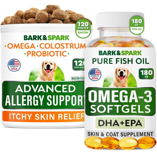 [BRSROBD6DNYGY2Y2] Advanced Dog Allergy + Omega 3 Bundle - Itch Relief - Probiotics w/Fish Oil Omega 3 + EPA&DHA Fatty Acid - Skin Allergies + Joint Health - 120 Chews + 180 Softgels - Bacon + Fish Flavor - Made in USA