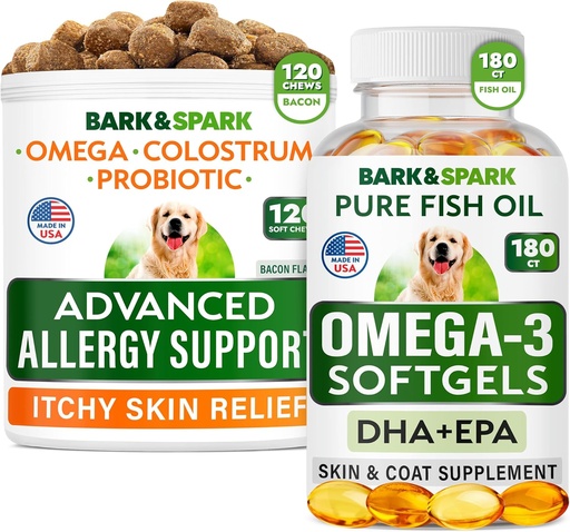 [BRSROBD6DNYGY2Y2] Advanced Dog Allergy + Omega 3 Bundle - Itch Relief - Probiotics w/Fish Oil Omega 3 + EPA&DHA Fatty Acid - Skin Allergies + Joint Health - 120 Chews + 180 Softgels - Bacon + Fish Flavor - Made in USA