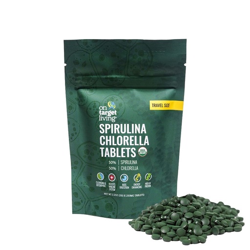 [BRSRMZQLCQMBSCQU] On Target Living Organic Spirulina Chlorella Travel Size | Super Greens | USDA Organic | 250 Tablets- 250 G (2.2 oz) | Vegan | Immune Support | Alkalyzing | Protein Dense
