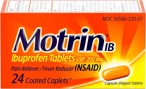 [BRSWGZTQDMHWMYDB] Motrin IB, Ibuprofen 200 mg Tabletler, Kaba Aches, Headache & Back Pain Relief, 24 Ctt