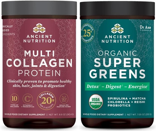 [BRSRMEA5BYNQGETB] Ancient Nutrition Multi Collagen Protein Powder, Unflavored, 24 Servings + Supergreens Powder, Greens Flavor, 25 Servings