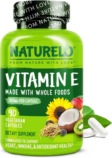 [BRSWYZTYPN7WCADJ] NATURELO Vitamin E - 180 mg (300 IU) of Natural Mixed Tocopherols from Organic Whole Foods - Supplement for Healthy Skin, Hair, Nails, Immune & Eye Health - Non-GMO, Soy Free - 90 Vegan Capsules