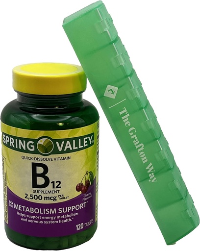 [BRSROHDYCMMBUC3V] Spring Valley Vitamin B12 Quick-Dissolve Tablets Dietary Supplement, 2,500 Mcg, Cherry Flavor, 120 Count with Complimentary Grafton Way Pill Organizer
