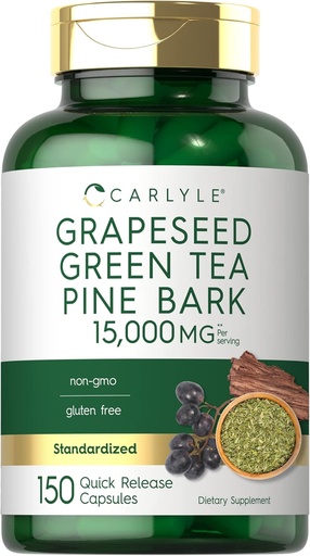 [BRSRMYIDDIFQG2DA] Carlyle Grapeseed, Green Tea, Pine Bark | 15,000mg | 150 Capsules | Non-GMO and Gluten Free Supplement