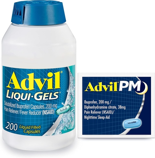[BRSW2EL7AACAEF3U] Advil Liqui- żele Ból Reliever i Fever Reducer, Leki przeciwbólowe dla dorosłych z Ibuprofen 200mg dla bólu głowy, pleców, bólu menstruacyjnego i bóle stawów Relief - 200 Kapsułki, Advil PM Ibuprofen - 2 Ct