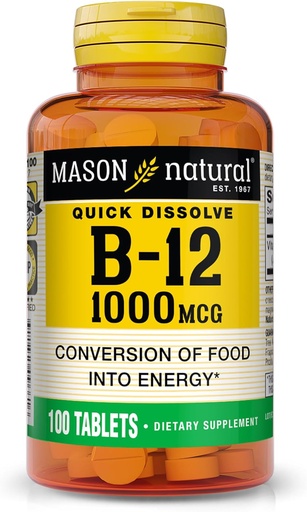 [BRSWIZT2OIBG2FTI] MASON Vitamina NATURAL B12, 1000 mcg Tabelle disciolte rapide, Complesso di assorbimento rapido B per sostenere l'energia normale e la funzione di Nerve, 100 compresse