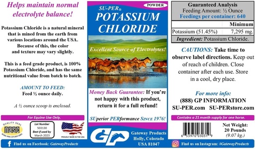 [BRSROAQTPN7GO3Q3] SU-PER Potasio Chloride Horse Electrolyte Suplemento - Ayudas Mantener Normal Electrolyte Balance - 20 libras, 21 meses de suministro