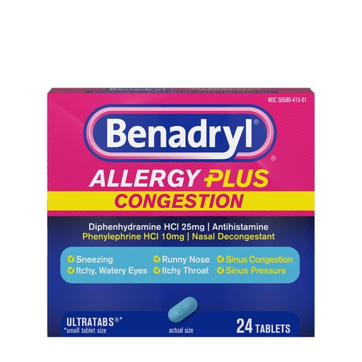 [BRSWGZQBOACBQGYZ] Benadryl Allergy Plus Congestion Ultratabs, Medicine with Diphenhydramine HCl Antihistamine & Phenylephrine HCl Nasal Decongestant, Allergy & Sinus Congestion Relief Tablets, 24 ct