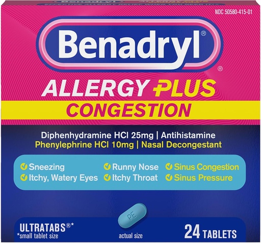 [BRSWGZQBOACBQGYZ] Benadryl Allergy Plus Contrable Ultratabs, Medicine with Diphenhydramine HCI Antihistamin & Phenylephrine HCI Nasal Decongestant, Allergy & Sinus Contraffic Relief Tablets, 24 ct