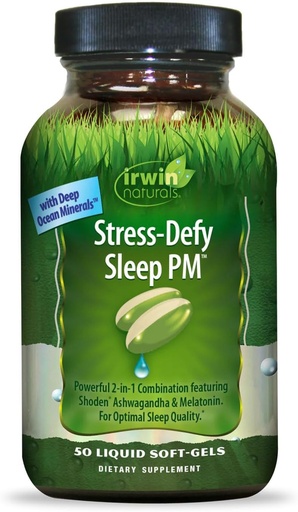 [BRSROZQQBUFBO3L2] Irwin Naturals Stress-Defy Sleep PM - 50 Liquid Soft-Gels - Powerful 2-in-1 Combination with Ashwagandha & Melatonin - 25 Servings