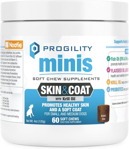 [BRSROBQHOF4BQYL5] Nootie Progility Mini Skin & Coat Supplement for Small Dogs, Fish Oil Supports Healthy Skin & Coat, 60 Soft Chews per Container