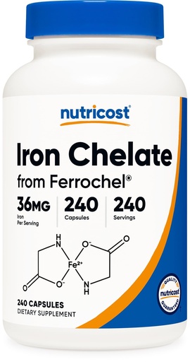 [BRSWG233BYFA2HT2] Nutricost Chelated Iron, As Ferrochel, 36mg, 240 Capsules