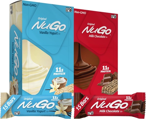 [BRSROAYZCFYG233Z] NuGo Original Variety, Vanilla Yogurt 15 bars & Chocolate 15 bars, 11g Protein, Gluten Free, 30 Count