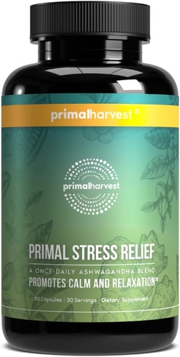 [BRSRMZIQCUPROE3J] Primal Harvest Stress Relief Ergänzung für Frauen und Männer Pure Ashwagandha Root Extract, L-Theanine Ergänzungen, 30 Kapseln