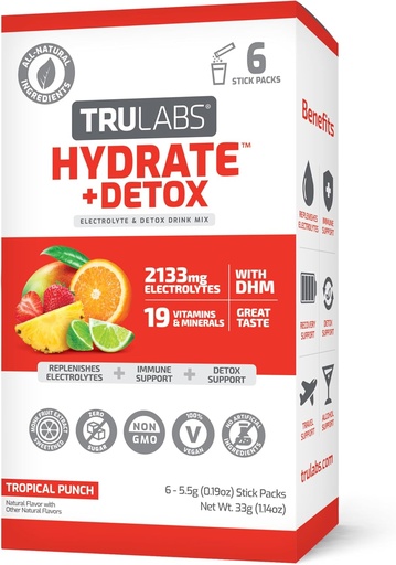 [BRSRAHYPCVYGGE3D] TRULABS Hydrate + Detox - Tropical Punch. Sugar Free Electrolytes Hydration Packets. Each Serving Contains 1422 mg of Electrolytes &19 Vitamins & Minerals & DHM (6ct)