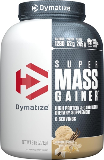 [BRSWIYDZDMMAGGTM] Dymatize Super Mass Gainer Protein Powder, Gourmet Vanilla, 52g Proteína, 1g Creatina, 1280 calorías, 10.7g BCAAs, 245g carbohidratos, Contén po de proteína de soro, isolato e caseína (8 porcións)