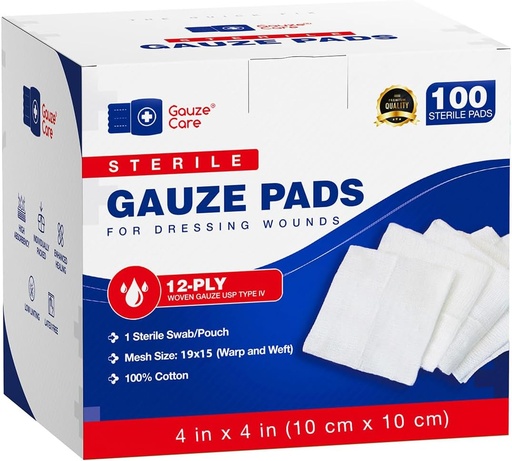 [BRSW2BAZCECBS3LG] 100pc Large Sterile Gauze Pads 4x4 Sterile for Wounds Bulk - 12ply Woven Gauze Sponges 4x4 Sterile - USP IV Breathable Mesh 4x4 Gauze Pads Sterile for Enhanced Absorption - First Aid Medical