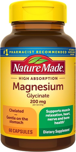 [BRSWYCQRBMFBGA3Z] Nature Made Magnesium Glycinate 200 mg, 근육, 심장, 신경 및 뼈 지원, 60 마그네슘 Bisglycinate 캡슐, 30 일 공급