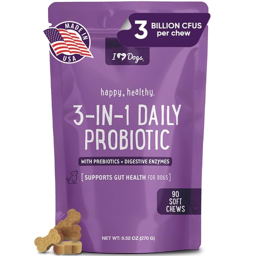 [BRSW2ZT6AUIAEAD2] iHeartDogs 3-in-1 Probiotic for Dogs with Pumpkin for Improved Digestion & Gut Health - Dog Probiotics and Digestive Enzymes, 90 Count