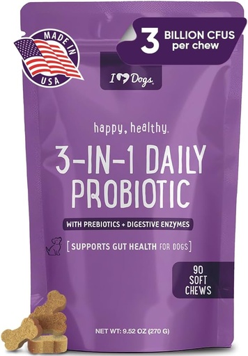 [BRSW2ZT6AUIAEAD2] iHeartDogs 3-in-1 Probiotic for Dogs with Pumpkin for Improved Digestion & Gut Health - Dog Probiotics and Digestive Enzymes, 90 Count