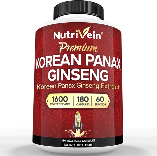 [BRSWYYDQAQMBEALZ] Nutrivein Coreana Red Panax Ginseng 1600mg – Fórmula de Fuerza Extra – 180 cápsulas – Energía Aumenta, Enfoque Mental &amp; Salud Inmune Naturalmente
