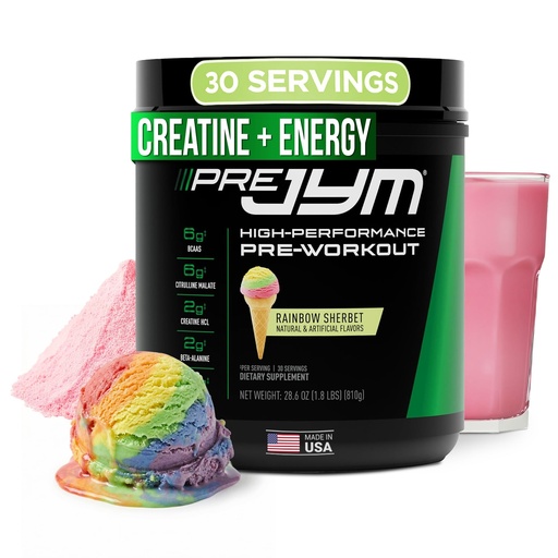 [BRSWYCA5OIMA43DL] JYM Supplement Science Pre JYM Rainbow Sherbet Pre Workout Powder for Men & Women, BCAAs, Nootropics, Creatine HCI, Citrulline, Beta-Alanine, Betaine, Taurine, Huperzine, 30 Servings